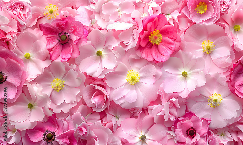 Background of pink flowers with empty space for text or greeting card design, Generative AI