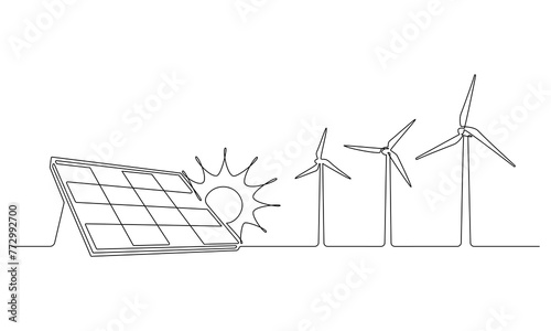 Wind farm turbine, solar panel with sun continuous one line icon drawing. Renewable source energy concept vector illustration in linear style. Contour line sign for innovation, environment design