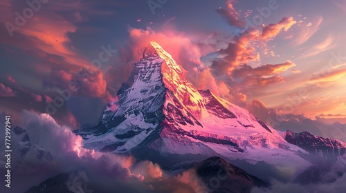 Pink Sunset Mountain A Stunning View of the Alp Generative AI