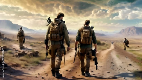 Three soldiers trek along a dusty road in a barren landscape, heading towards an uncertain future under a vast sky. photo
