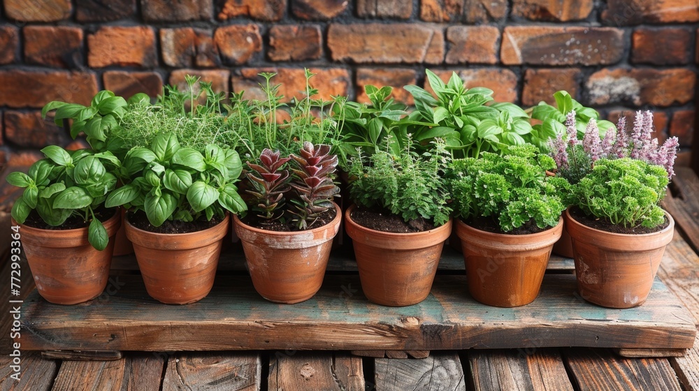 Variety of potted herbs on wooden table