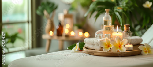 Spa still life with candles, oils, flowers and towels banner. Relax still life, spa wellness salon concept. Cosmetic Beauty Spa Treatment. relaxation, wellbeing, aromatherapy, massage