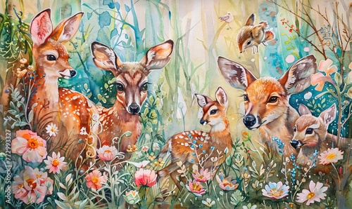 Flower Power A Whimsical Watercolor of Deer in a Field of Wildflowers Generative AI