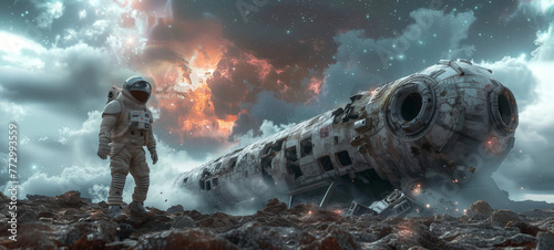 Astronaut observing a crashed spaceship on a rocky terrain under a dramatic sky with nebula and stars.