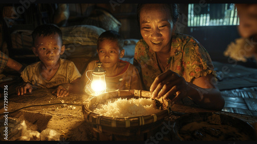 A single lamp illuminating a small area where a family gathers to share a meal of plain rice, their faces a mix of gratitude and longing. photo