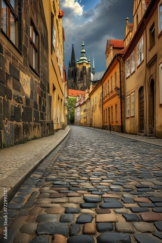 Empty cobblestone street bathed in soft light, leading to an ornate historic cathedral at sunset.