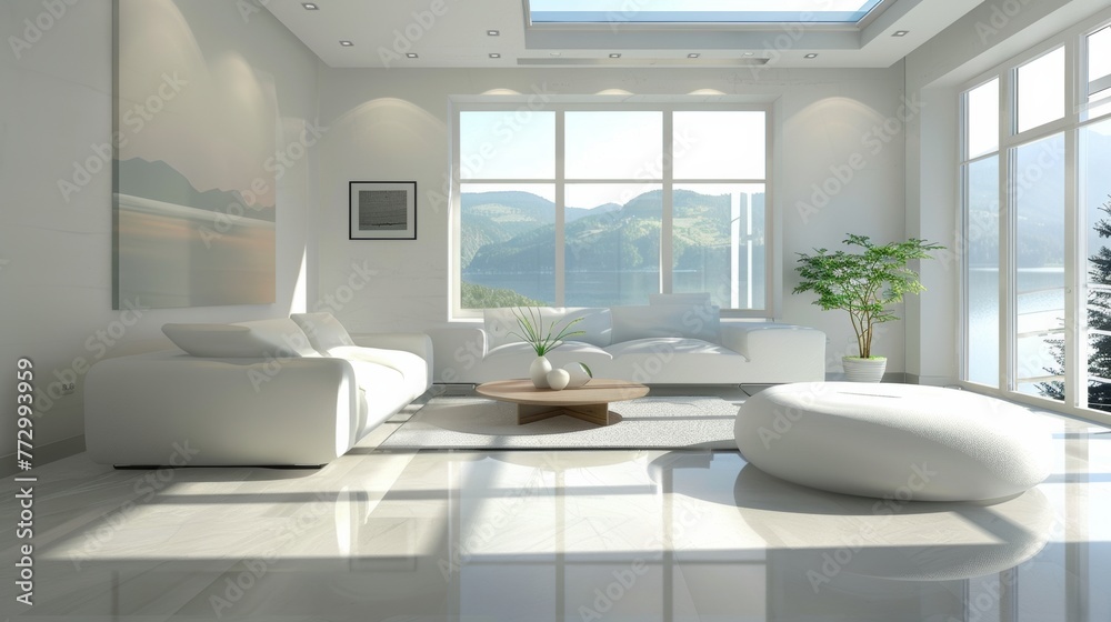 Modern living room with mountain view