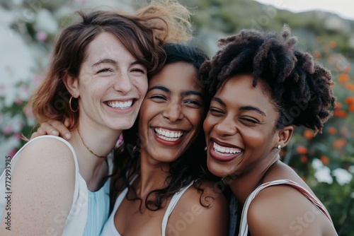 Three happy young women hugging and smiling outdoors, showcasing genuine friendship and diverse beauty.