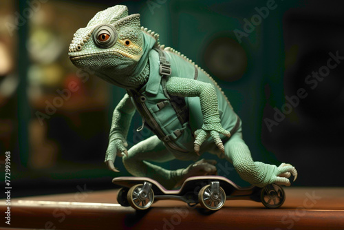 A mint-green chameleon in mint roller skates  showing off tricks on a mint background.