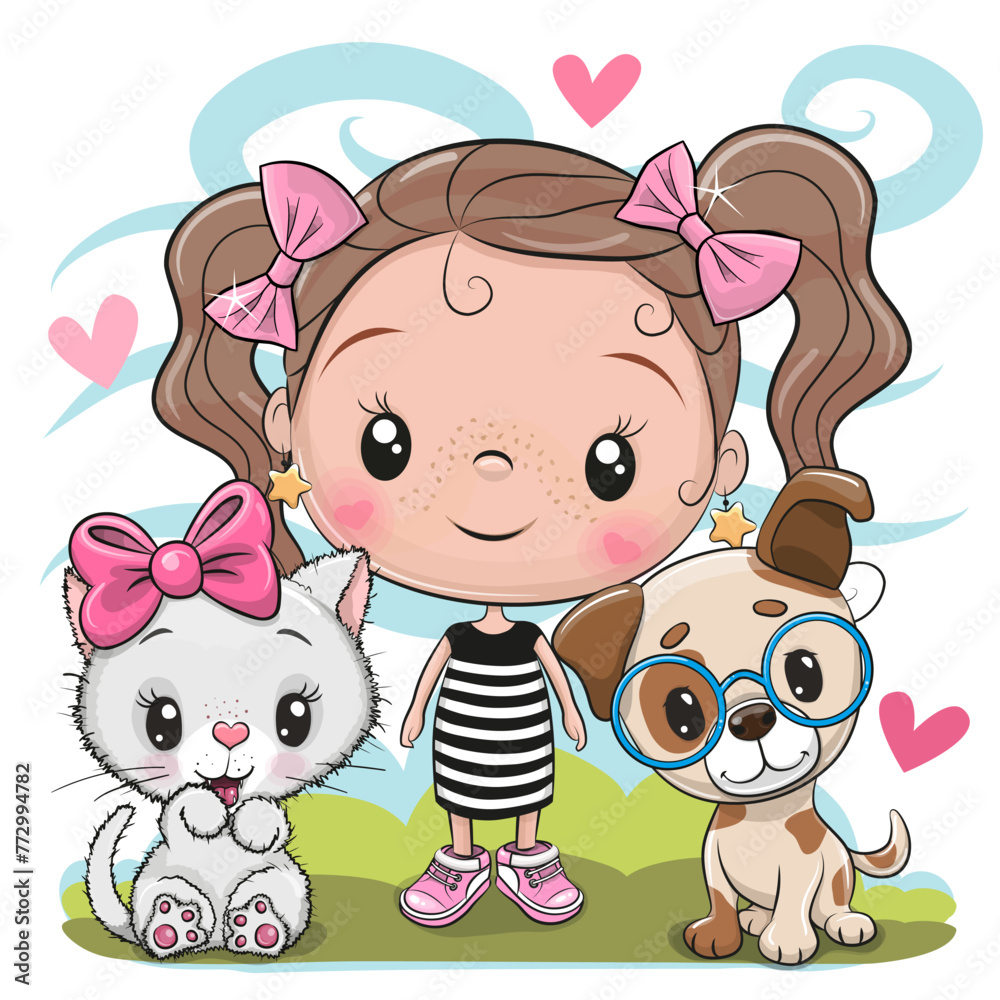 Cartoon Girl with cat and dog - obrazy, fototapety, plakaty 
