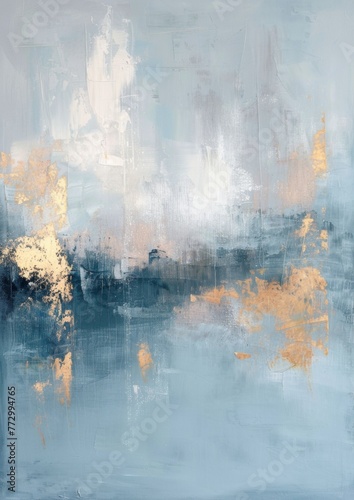 Simple abstract painting, light blue, grey, white and gold colors