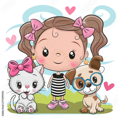 Cartoon Girl with cat and dog