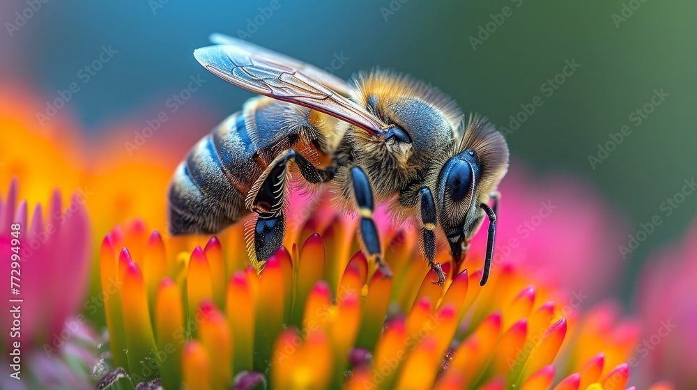 Macro shot of a bee with pollen on its legs pollinating a yellow flower. Macro shot of a bee with pollen on its legs pollinating a yellow flower.