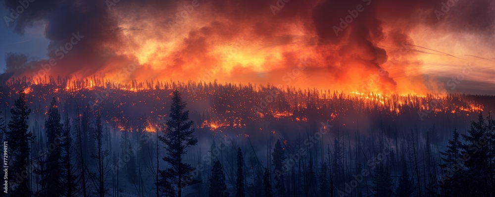 Forest fire at night with bright flames