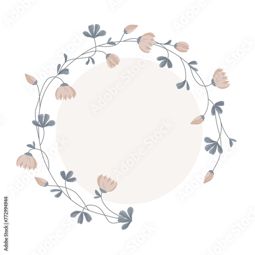 Medick, shamrock flowers and leaves round frame. Clover isolated wreath, decorative border with empty space. Vector illustration photo