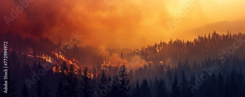 Wildfire in a forest at dusk