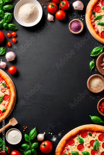 Frame of Italian pizza cooking ingredients on wooden table background.