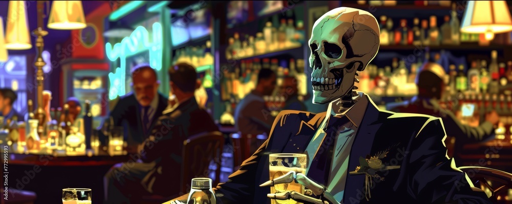 Stylized illustration of a skeleton in a bar Stylized illustration of a skeleton in a bar