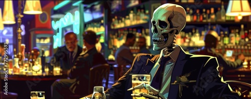 Stylized illustration of a skeleton in a bar