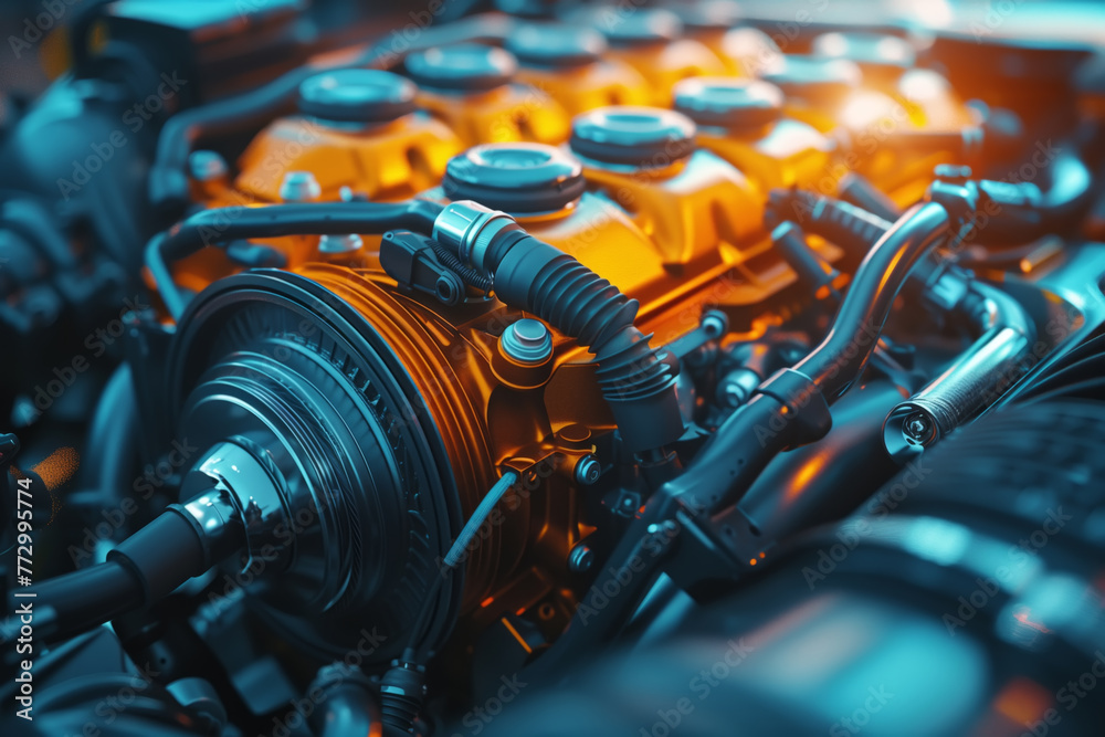 The close up view shows intricate components of a car engine, including pistons, cylinders, spark plugs, and wires. The engine appears to be well-maintained, with no visible signs of wear or damage The close up view shows intricate components of a car engine, including pistons, cylinders, spark plugs, and wires. The engine appears to be well-maintained, with no visible signs of wear or damage