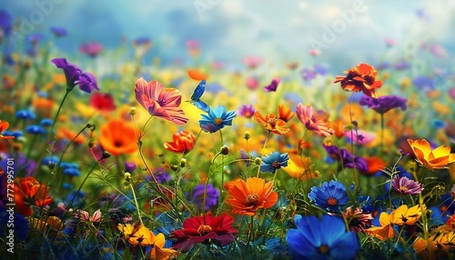 Blooming Bliss A Vibrant Flower Field with a Butterfly in the Sky Generative AI © Satyam