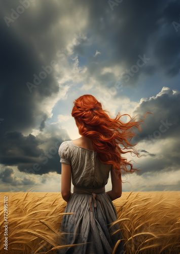 Beauty historical Early american pioneer woman with red hair and grayish white dress outdoors. Back view. Old west, Victorian, Georgian, Edwardian. Historical romance style. Wheat field. Cloudy sky.