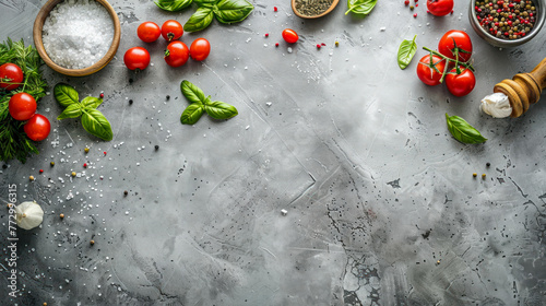 food background with copy space. Border of healthy food cooking ingredients background with fresh tomatoes, herbs and spices on dark concrete table top view. Menu, recipe background. product place photo