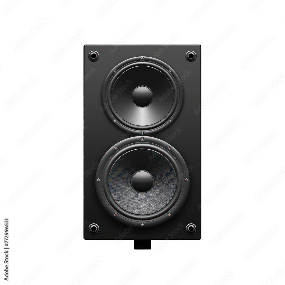 a single black audio loudspeaker, front product view, home theatre, isolated on a transparent background. PNG cutout or clipping path.