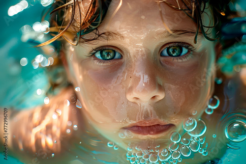 Child's Face Close-Up Submerged in Water with Bubbles and Light © ciprian