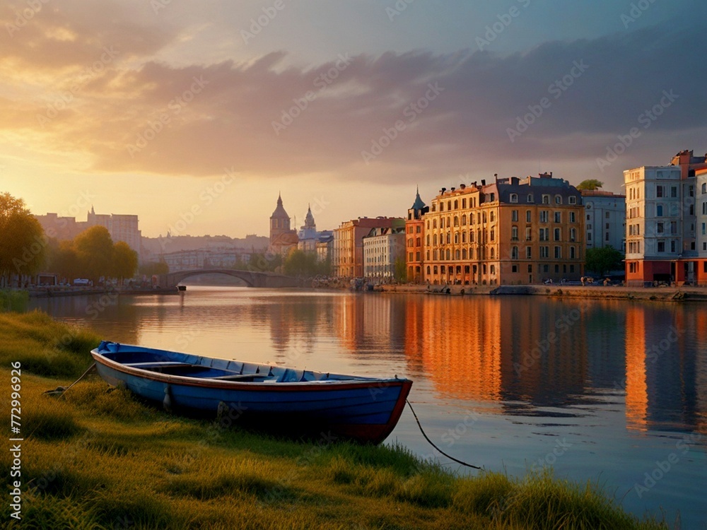 Naklejka premium sunset over the river