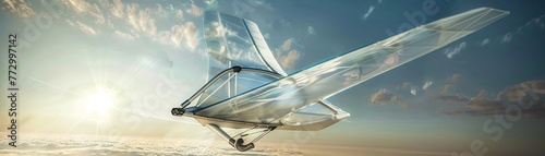 A translucent hang glider, symbolizing extreme sports, glides with renewable thermal currents , 3D render