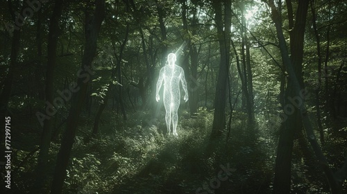 A translucent human figure, glowing with ethereal light, stands amidst a shadowy forest , high realistic photo