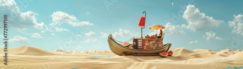 Adventurous caravan journey, harpoon mounted atop, scrabble letters spelling travel tales, watermelon feast amidst opulent dunes , 8K resolution photo