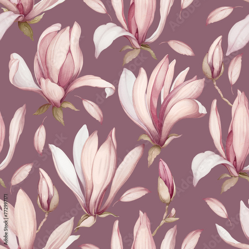 Fototapeta Naklejka Na Ścianę i Meble -  Seamless pattern with magnolias. Flowers in a watercolor style.
