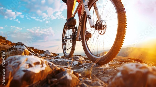 Mountain biker, clear frame, rocky terrain, late afternoon, dynamic side shot , high detailed © sorrakrit