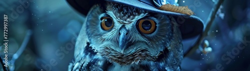 Meditating owl, hat adorned, direct gaze, calm night forest, clear, sharp details, mystical vibe , high realistic