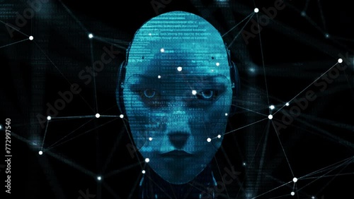 3D Robot profile abstract digital human face.Artificial intelligence concept Animation of binary coding matrix data processing or big data or cyber security. three-dimensional rendering
