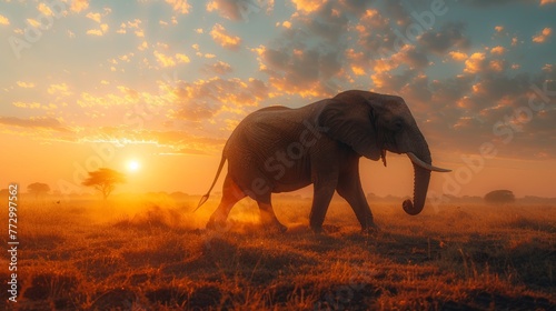 African elephant walking in the savannah at sunset © iVGraphic