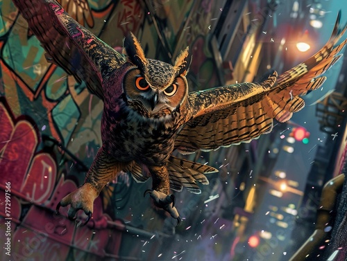 Urban breakdance battle, a streetwise owl showcasing dynamic moves on a graffitiladen alleyway, city lights twinkling in the background , high realistic photo