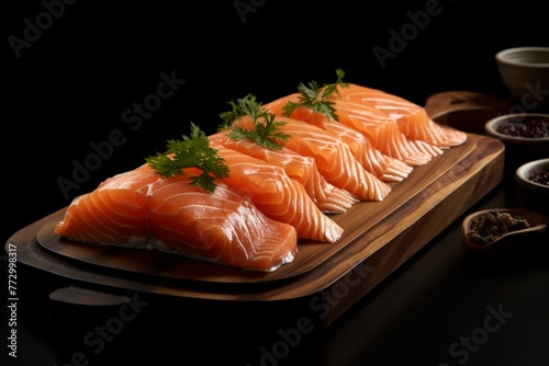 Artistic presentation of fresh salmon slices on a sophisticated wooden serving board