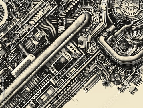 Steampunk gadgets are intricately detailed in handdrawn typography and vector graphics   close up