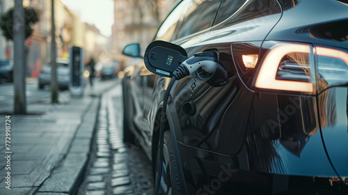 Dark car at the public charging port, electric vehicle with plugged power cable © Filip