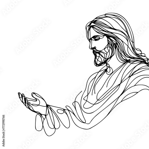One continuous line depicts Jesus Christ. Isolated outline on a white background. Vector illustration