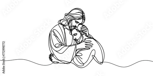 One continuous line draws Jesus hugging a sinner