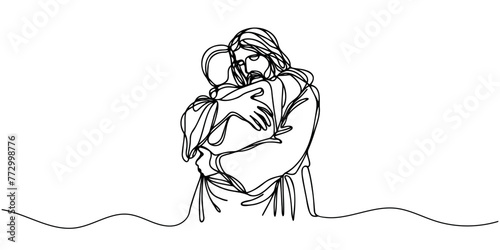 One continuous line draws Jesus hugging a sinner