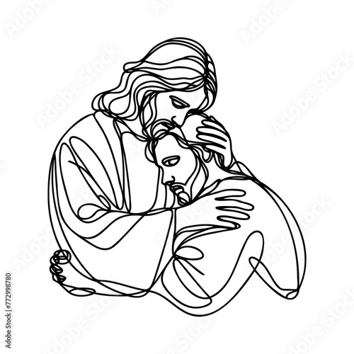 One continuous line draws Jesus hugging a sinner
