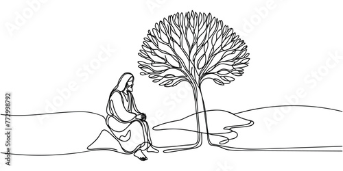 One solid line depicts Jesus Christ sitting under a tree. Isolated outline on a white background. Vector illustration.
