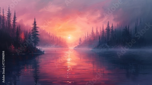 Sunset over a misty lake with forest silhouette