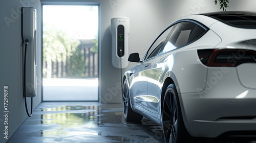 Electric Vehicle in the garage with chargers on the wall, minimal, EV car, white accent, home charging station © Filip