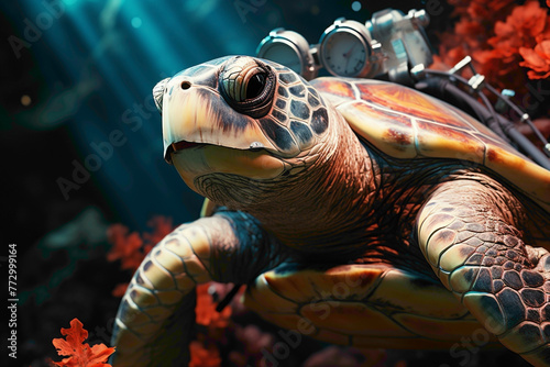 A mint green turtle in snorkeling gear  exploring a coral reef on a mint background.
